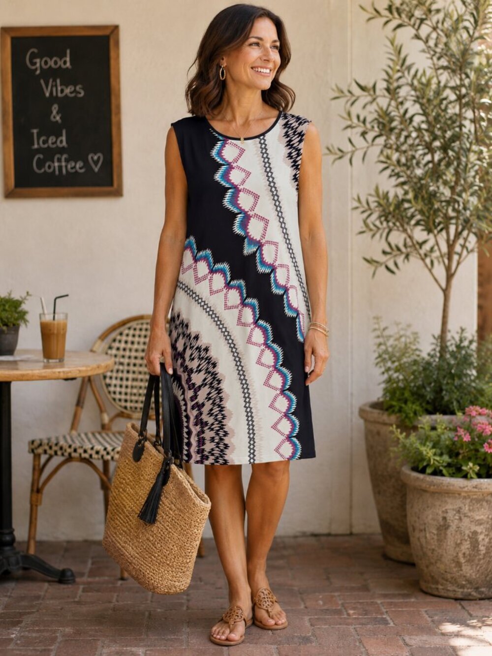 Chico's Black Midi Shift Dress with Teal and Magenta Accents